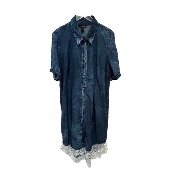 Prairie Style Jean Chambray Denim/Lace Hem Collar Dress Womens 16 Cottage Core - Picture 8 of 11